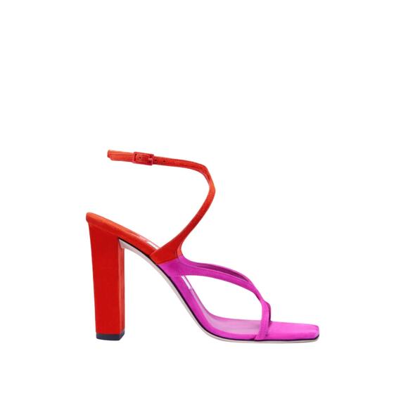 Jimmy Choo NIB Azia 85mm Two-Tone Sandals in Fuchsia and Paprika Size 38.5 - Picture 1 of 9